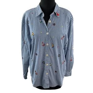 VINTAGE Teddi Blue White Top Check Boat Nautical Anchor Embroidered Button-Up L